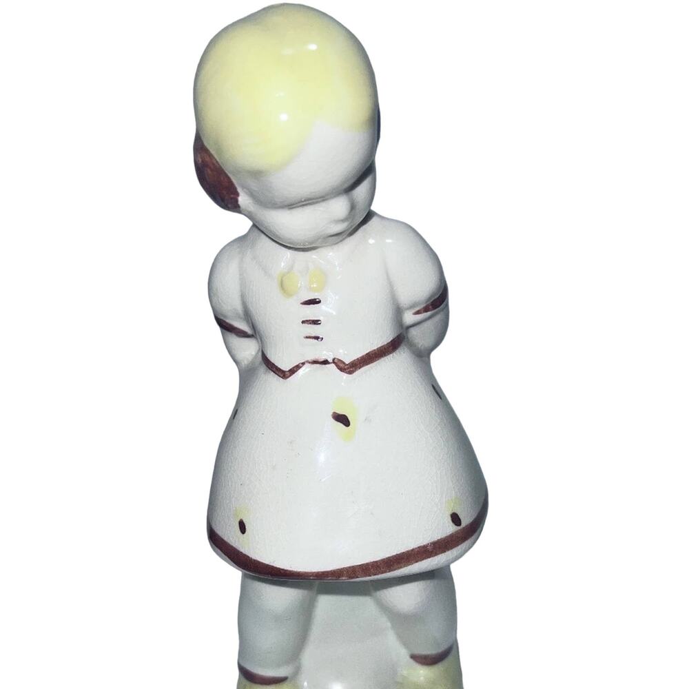 1950-60s Dutch Girl Head Vase Planter 8"x4.5” White, Brown, Yellow Dress Vintage